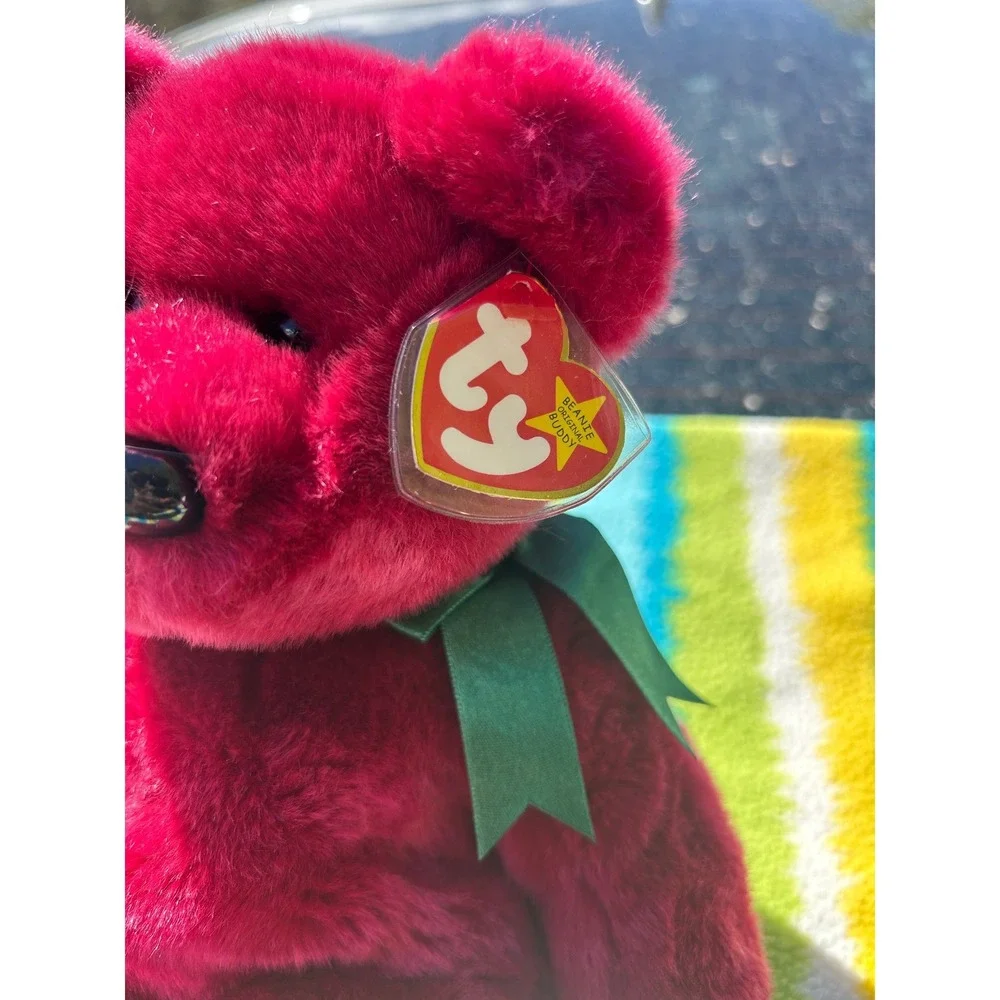 Ty Beanie Buddy Teddy Bear Large Cranberry Red 1998 Excellent Green Ribbon Plush
